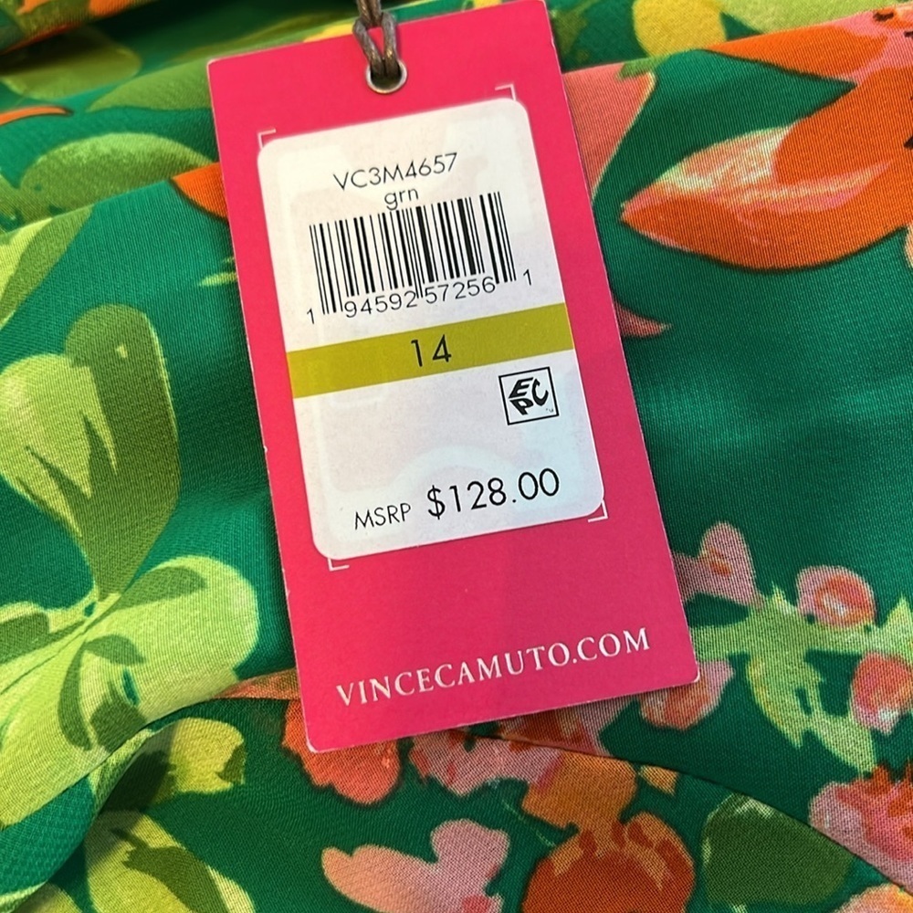 NWT Vince Camuto $128 Green Floral Sleeveless High Tie Neck Chiffon Dress 14 - Picture 8 of 8